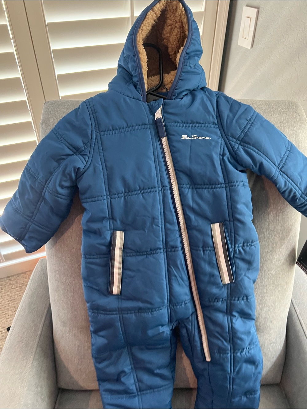 Ben Sherman Blue Quilted Hooded Snowsuit with Contrast Trim